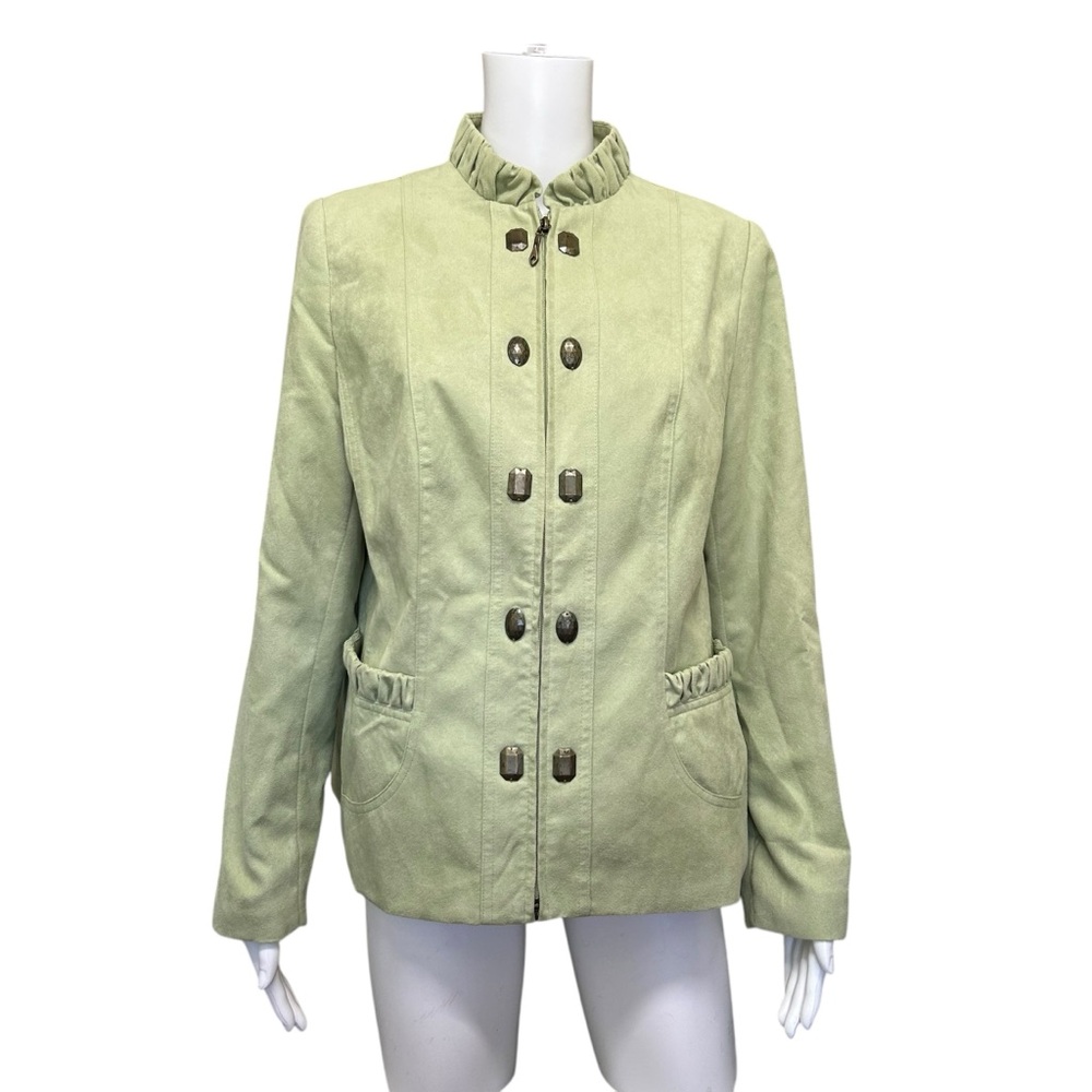 TanJay Light Green Faux Suede Ruffle Collar Zip Front Jacket Size 10
